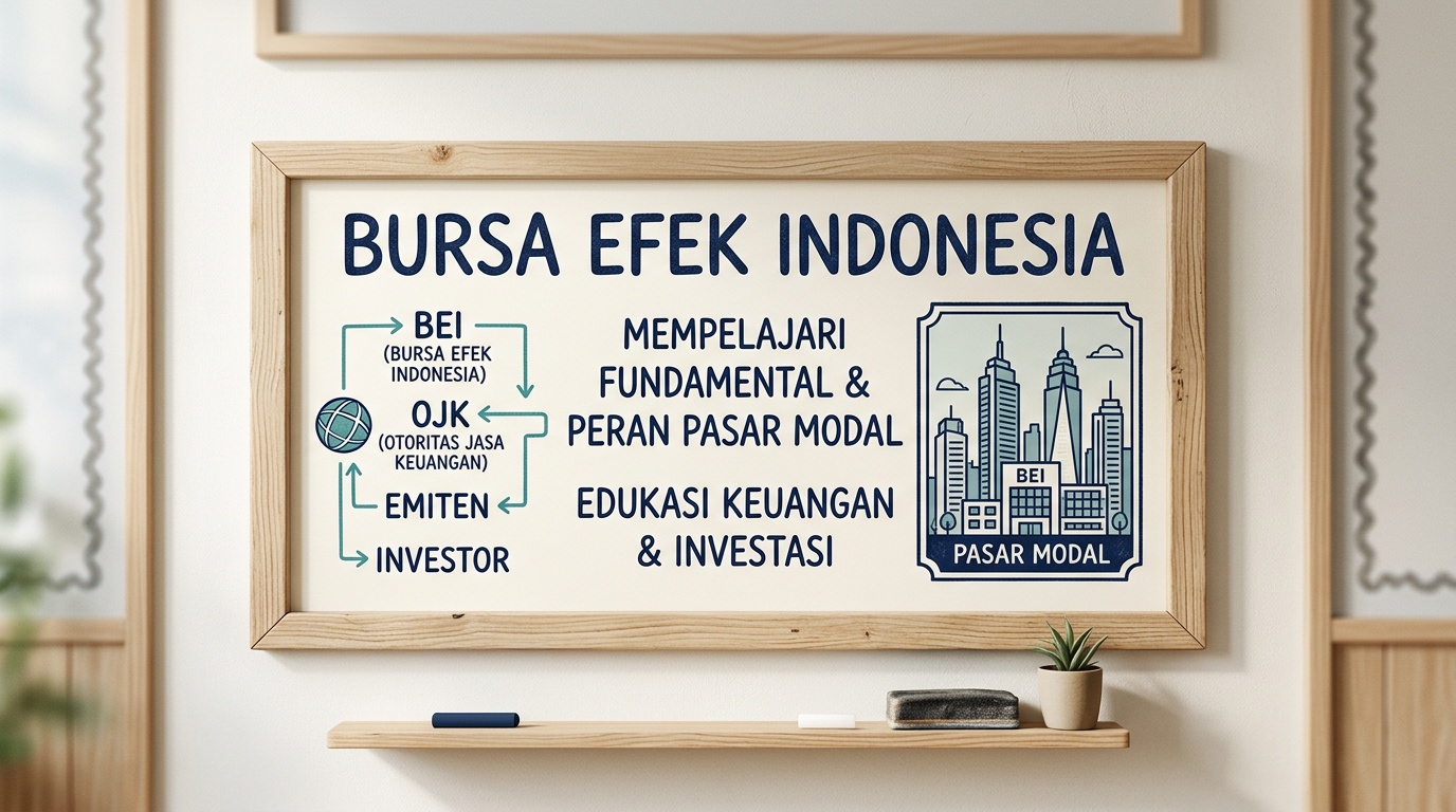 Foto papan informasi pasar modal dengan papan tulis bertuliskan Bursa Efek Indonesia