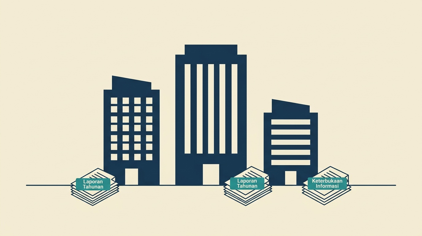 Ilustrasi gedung perkantoran dan dokumen daftar emiten BEI