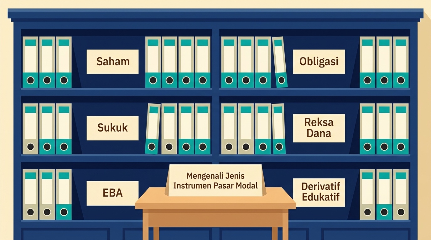 Ilustrasi rak buku berisi berbagai jenis instrumen pasar modal