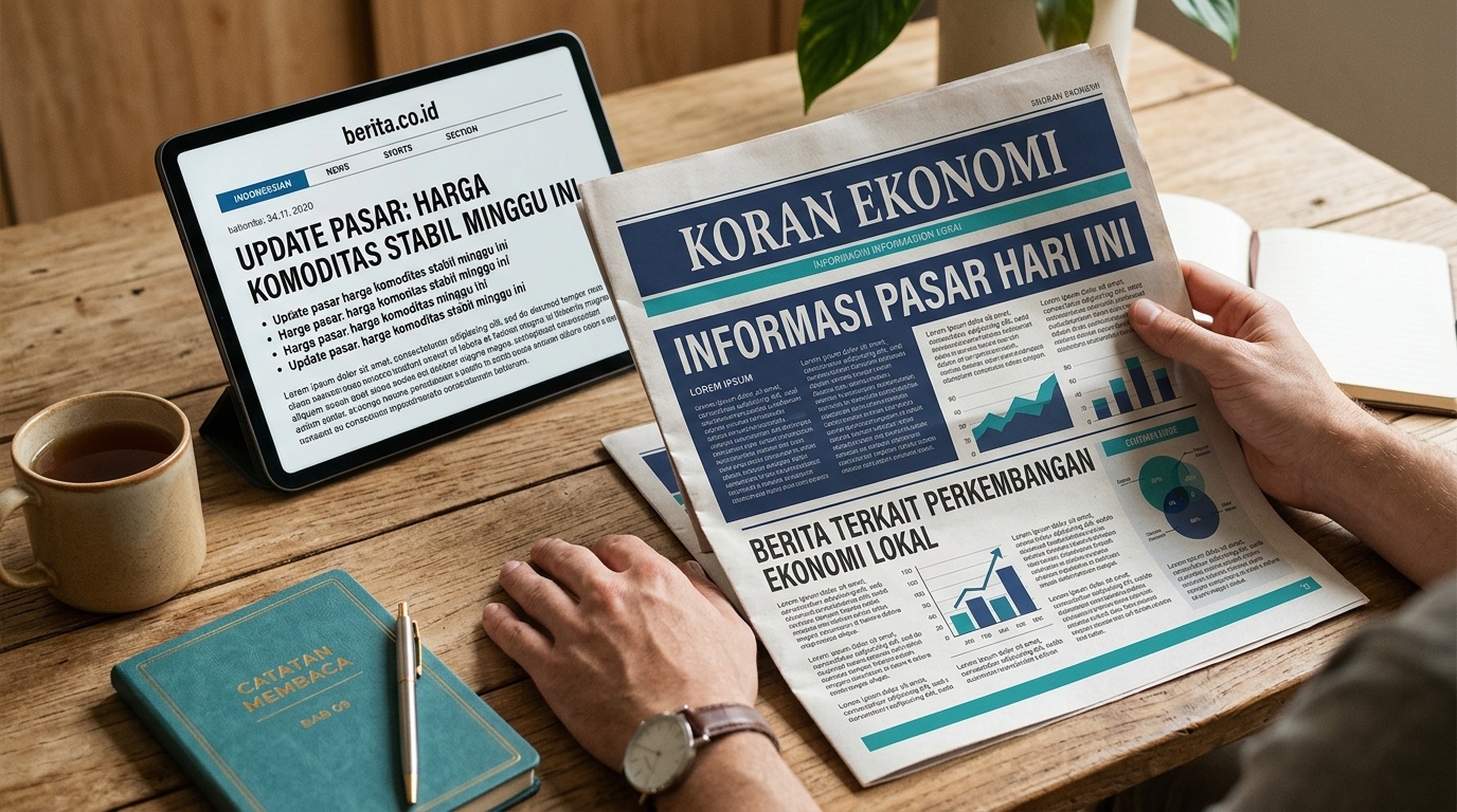 Ilustrasi tangan memegang koran ekonomi dengan tablet menampilkan portal berita